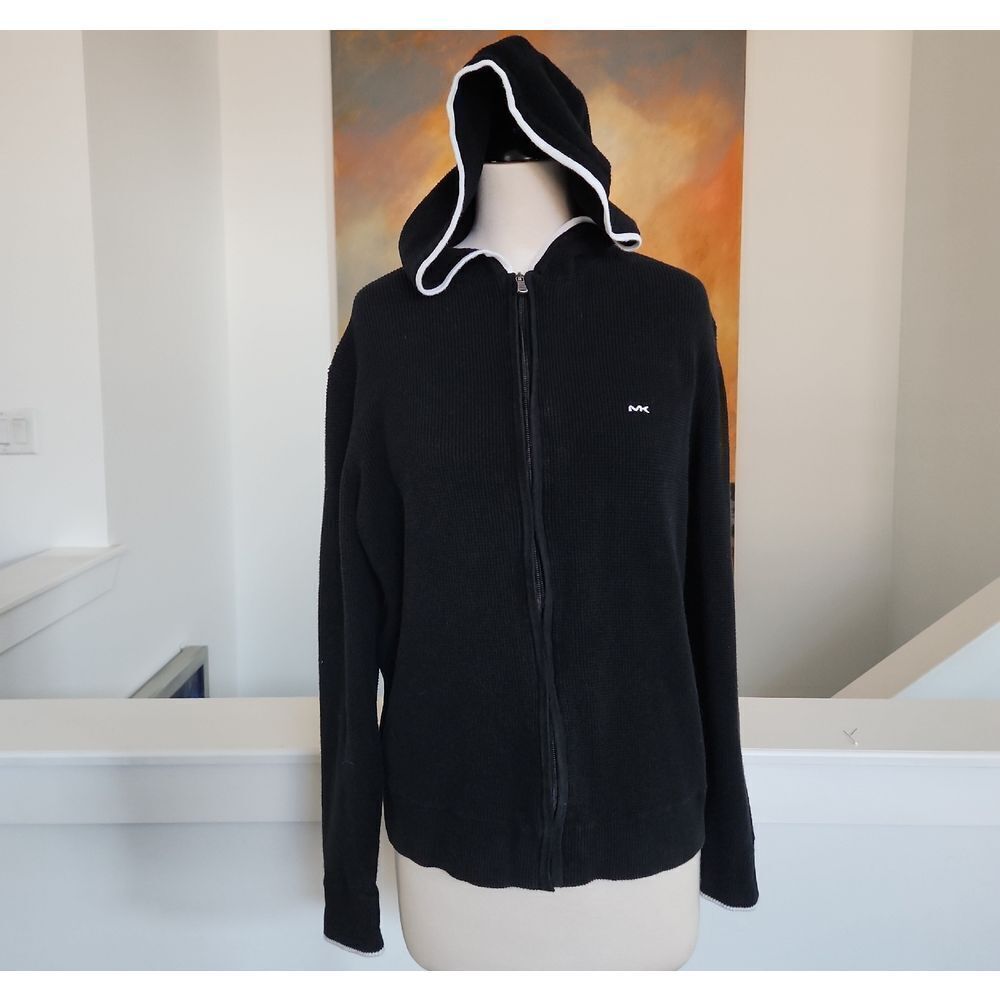 Michael Kors Black Textured Knit Sweater with White Trim Size L